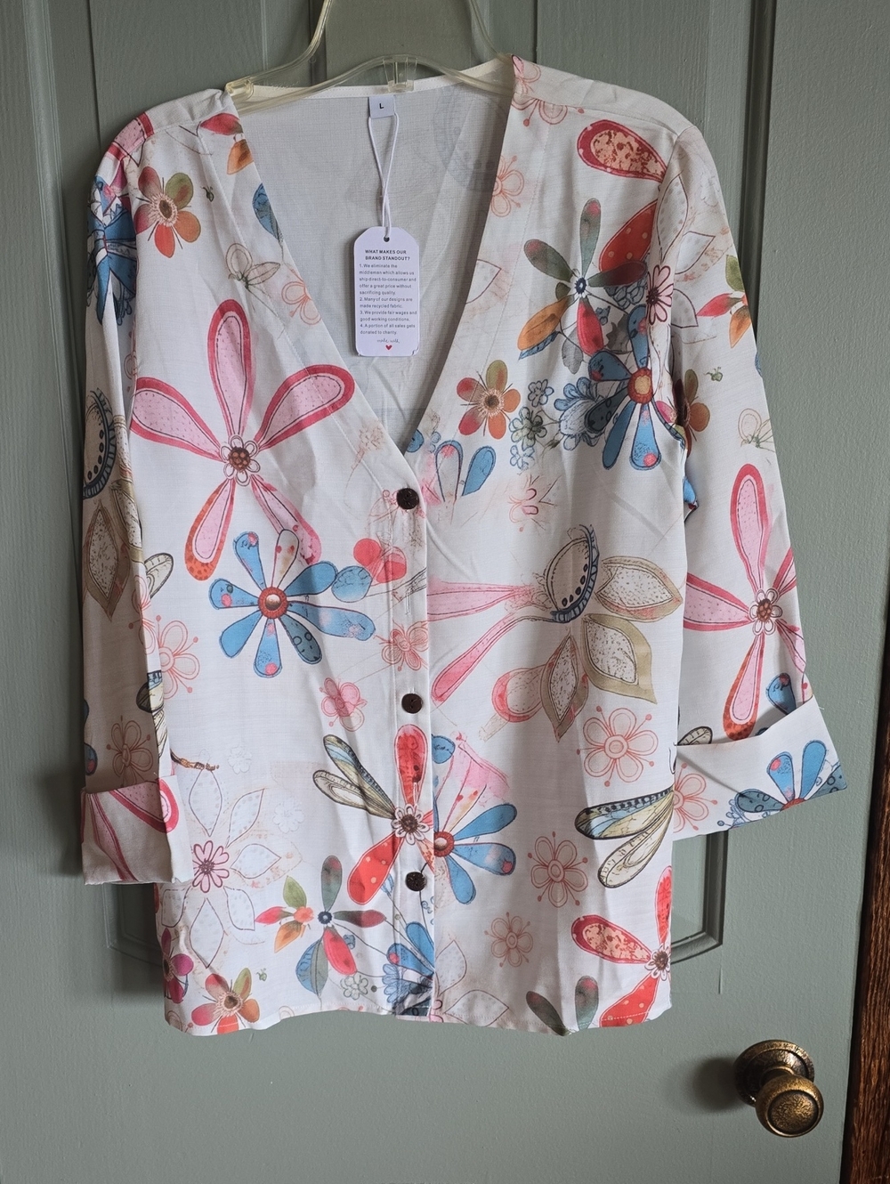Women's Floral Button-Front V-Neck Top - White with Multicolor Flowers